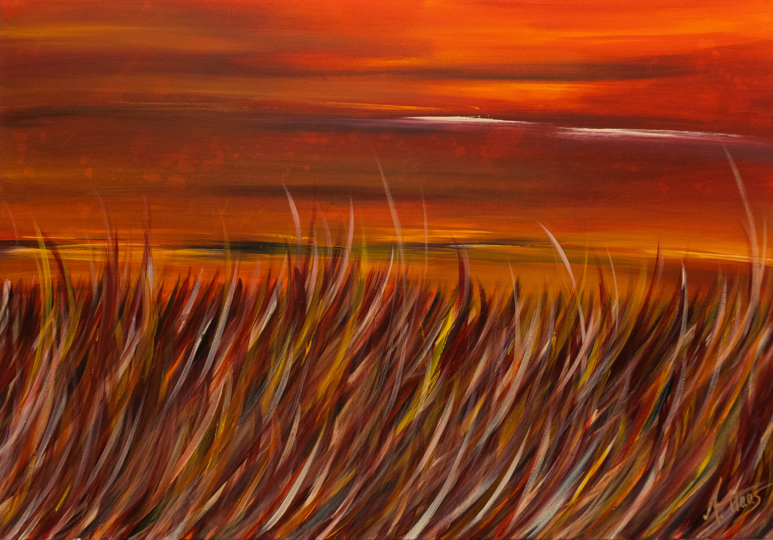 Brennende Steppe II, Acryl auf Leinwand, Das Gemälde zeigt langes Steppengras in rot gehalten, wie es sich im Wind wiegt. Auf Website Haas-Art