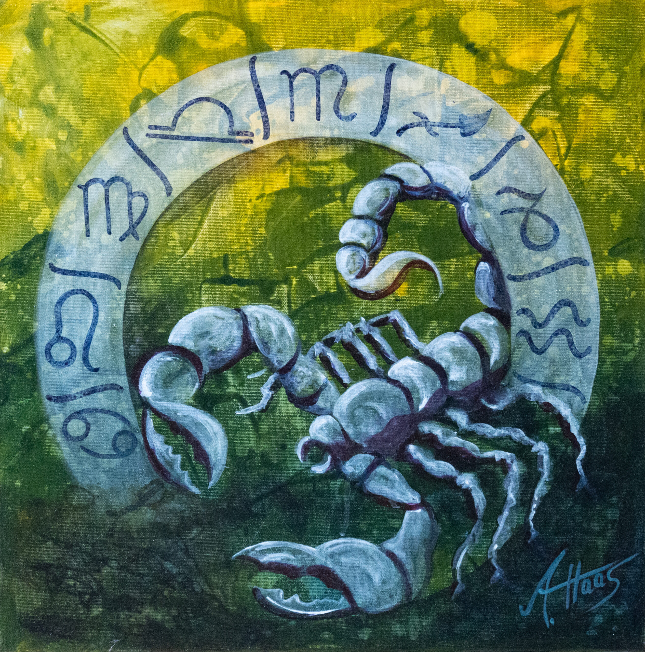 Sternbild Skorpion, Acryl auf Leinwand mit Zentanglezeichnung, Ein Skorpion krabbelt durch einen Ring aus Sternbildmotiven. Der Hintergrund ist grünblau. Auf der Website Haas-Art, Tierwelt zu finden.