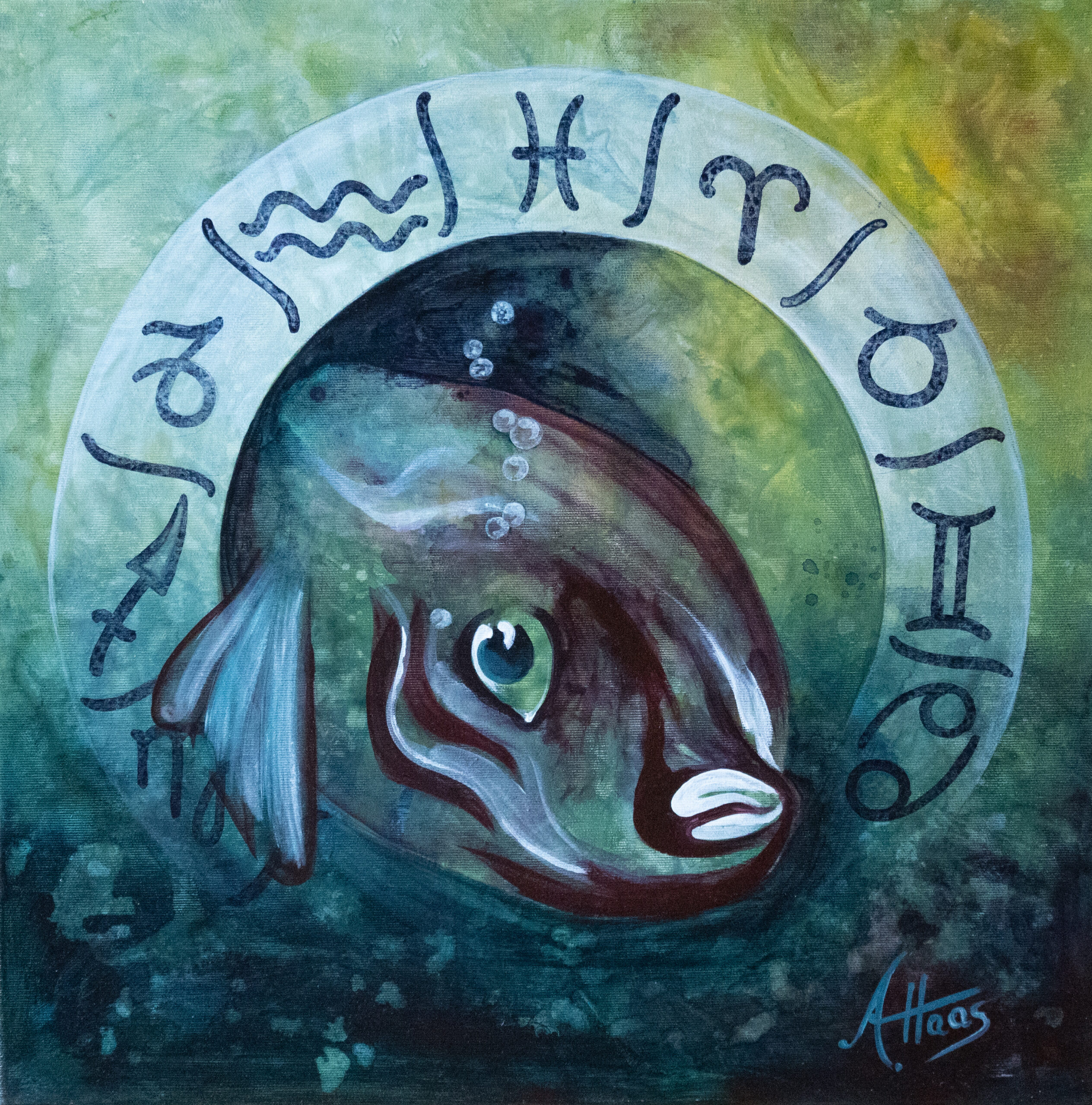 Sternbild Fisch, Acryl auf Leinwand. Ein Fisch schwimmt durch einen Ring aus Sternbildmotiven. Der Hintergrund ist grünblau. Auf der Website Haas-Art, Tierwelt zu finden.