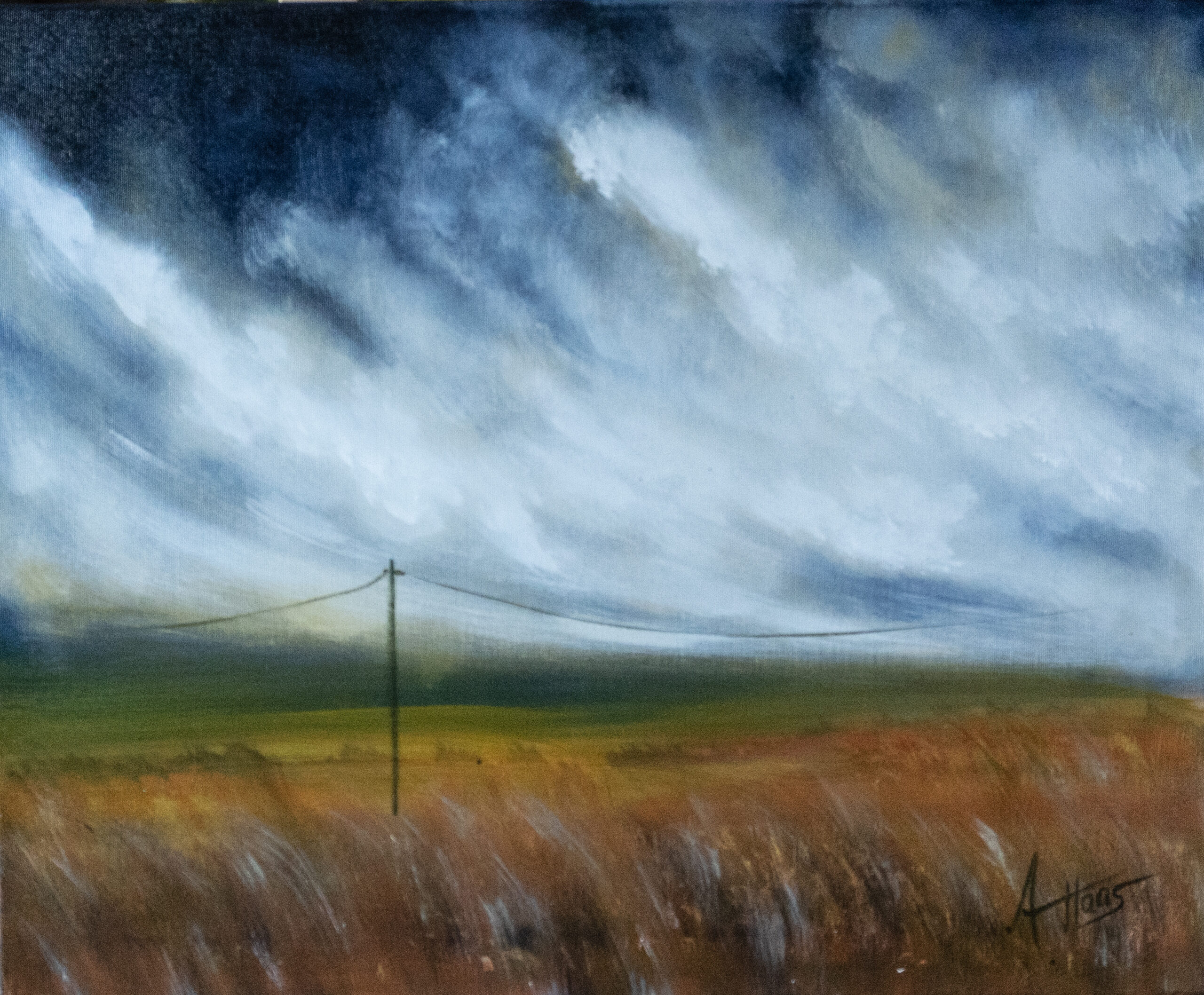 Sturm kommt auf, Acryl auf Leinwand, Das Gemälde zeigt eine weite Landschaft, auf der sich ein Gewitterhimmel zusammenbraut. Auf der Website Haas-Art.