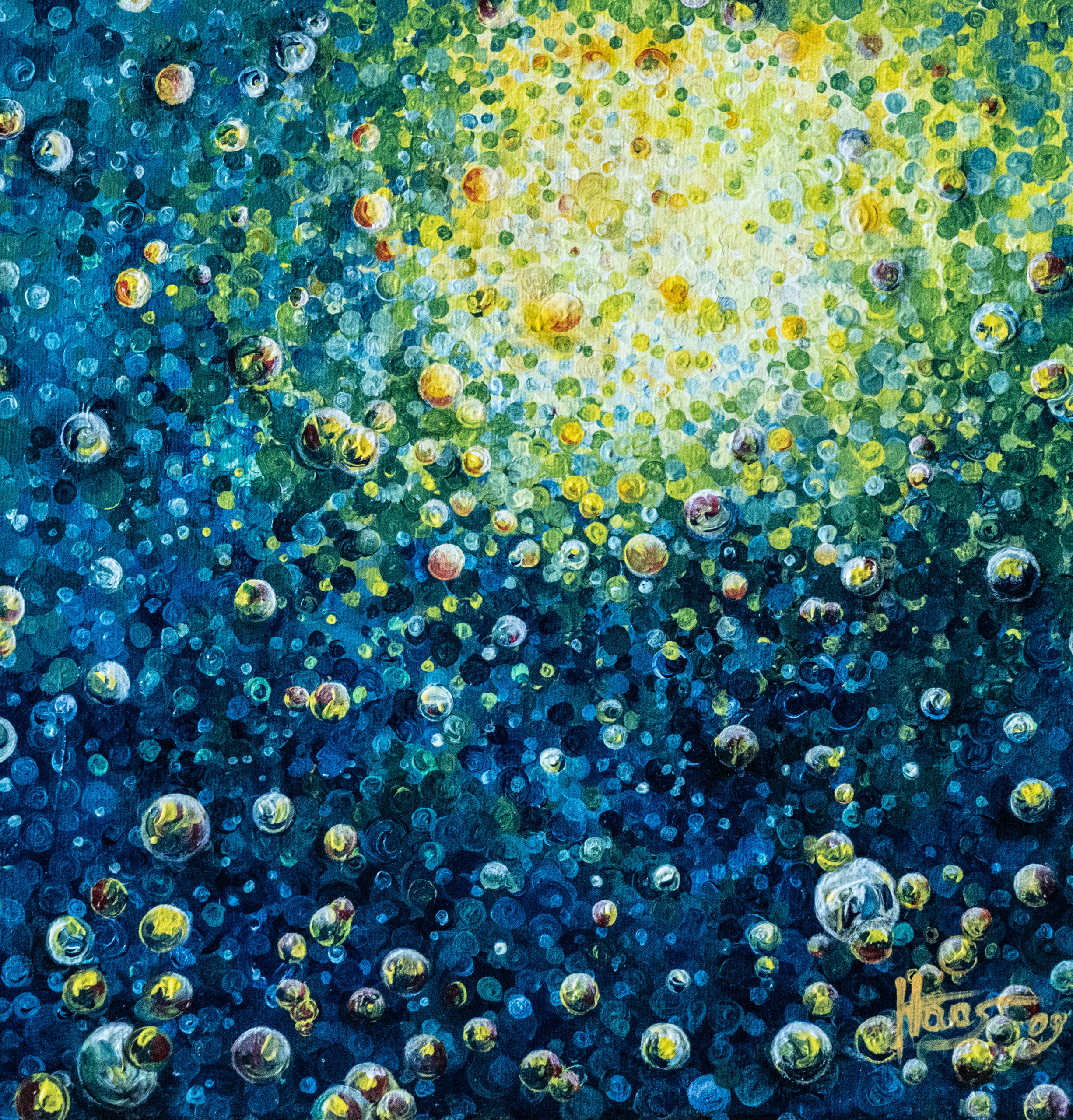 BUBBLE - Acrylmalerei auf Leinwand, Diese Bild stellt eine Luftblase neben der anderen dar, die aus der Meerestiefe aufsteigen zum Licht. In blau und gelb gehaltenes Bild. Auf der Website Haas-Art unter diverse Motive.